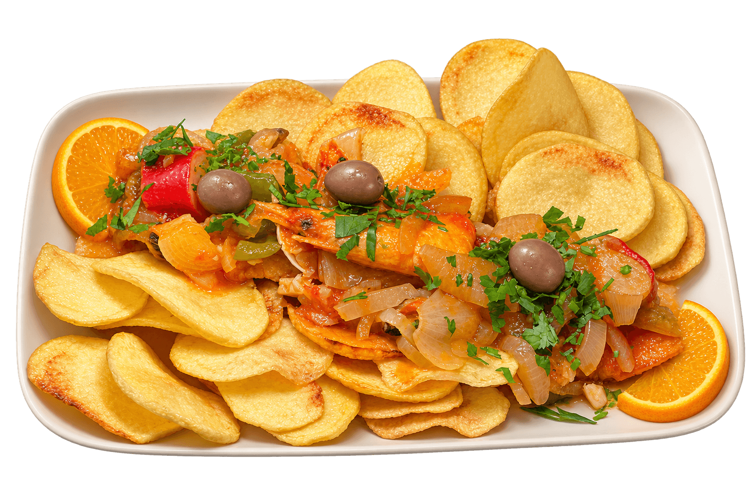 Peixe com cebolada e batatas às rodelas