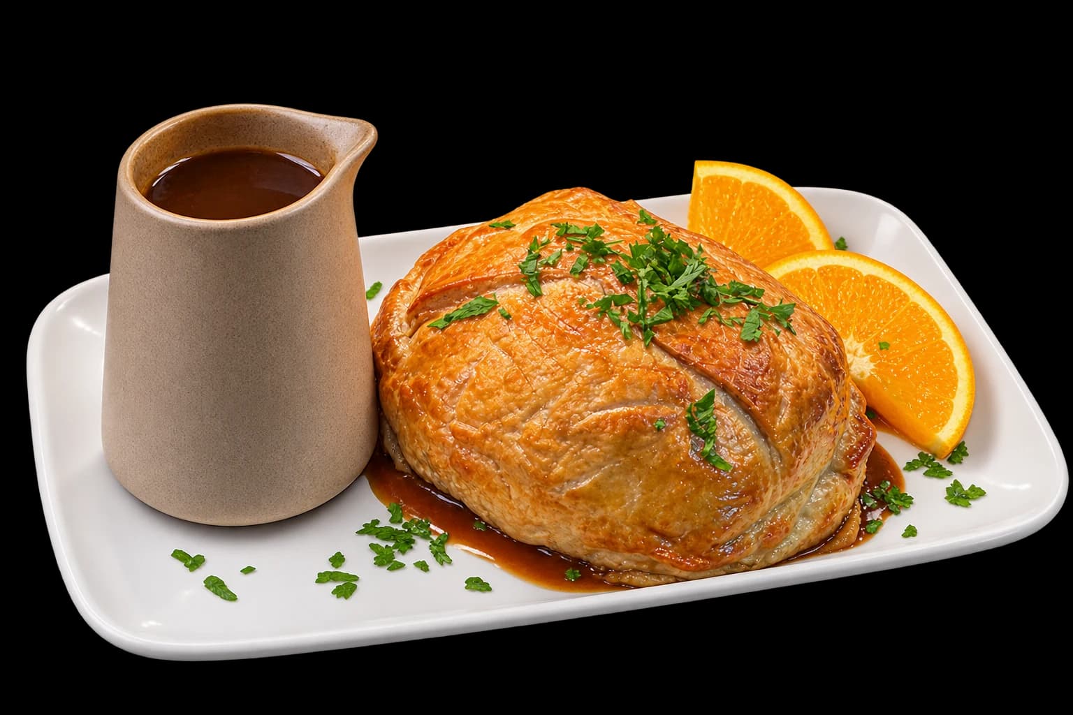 Composição recortada da francesinha em massa folhada da Cozinha Nunes, com molho à parte